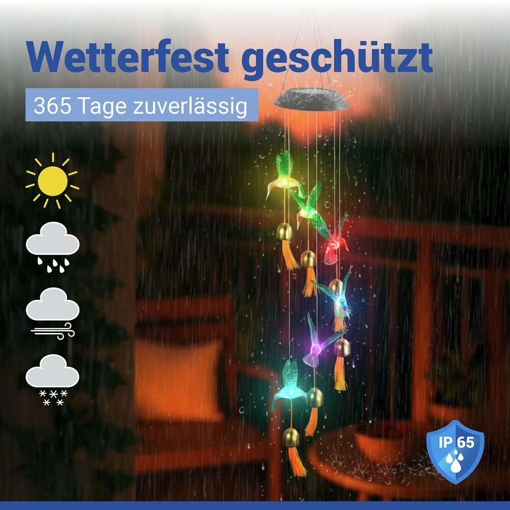 LED Windspiel Mod. Kolibri Solar  mit 6 Glocken, dekorative Gartenbeleuchtung