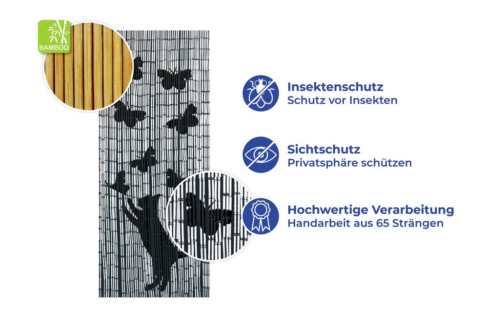 Rideau de bambou Chat et Papillon  90 x 200 cm