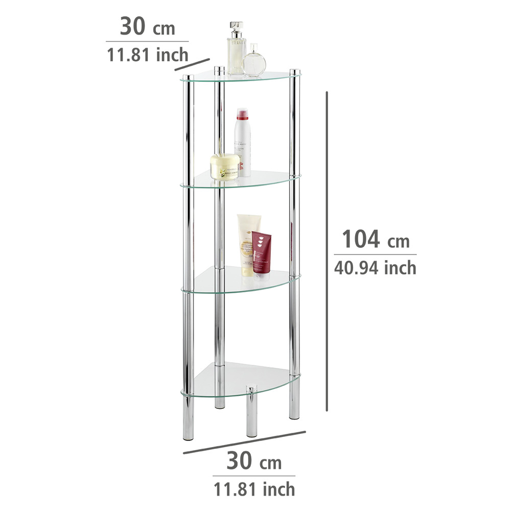 Eckregal Mod. Yago mit 4 Glasablagen  aus Edelstahl und Sicherheitsglas