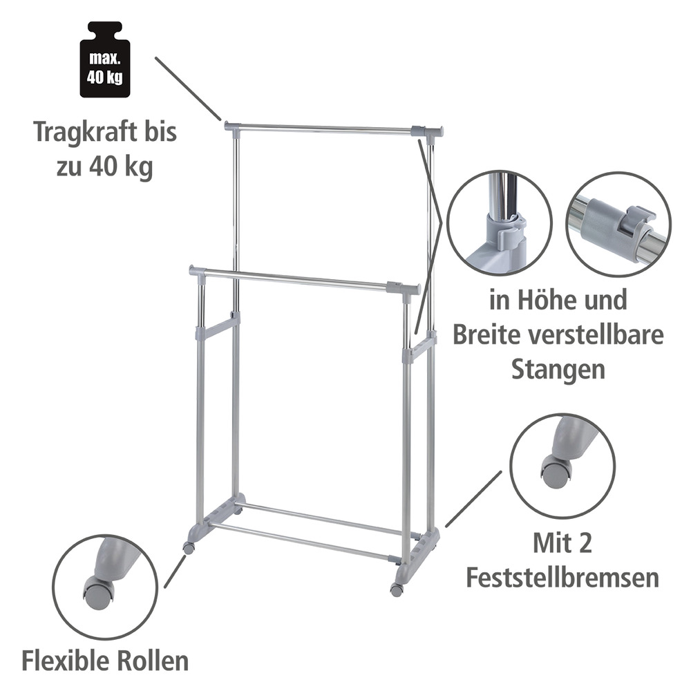 Kleiderständer Mod. Twin Bars  höhenverstellbar, 4 Rollen