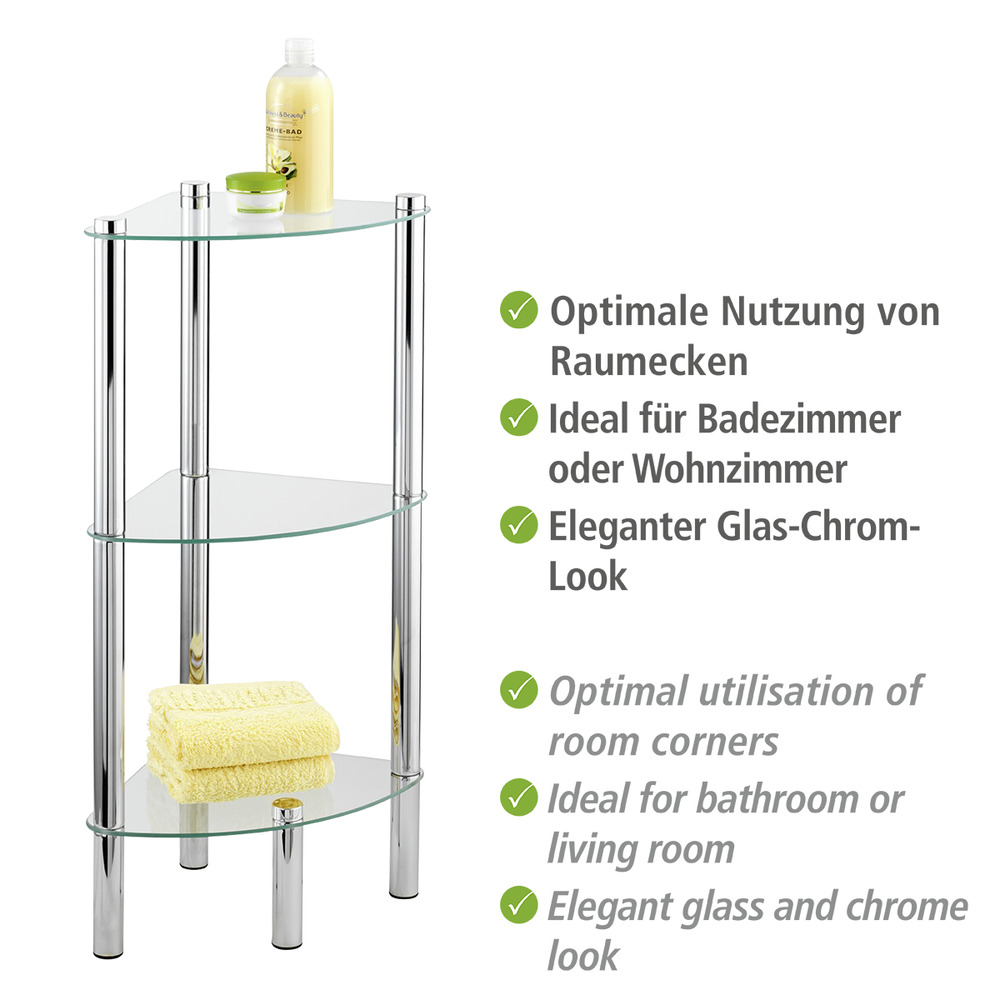 Eckregal Mod. Yago mit 3 Glasablagen  aus Edelstahl und Sicherheitsglas