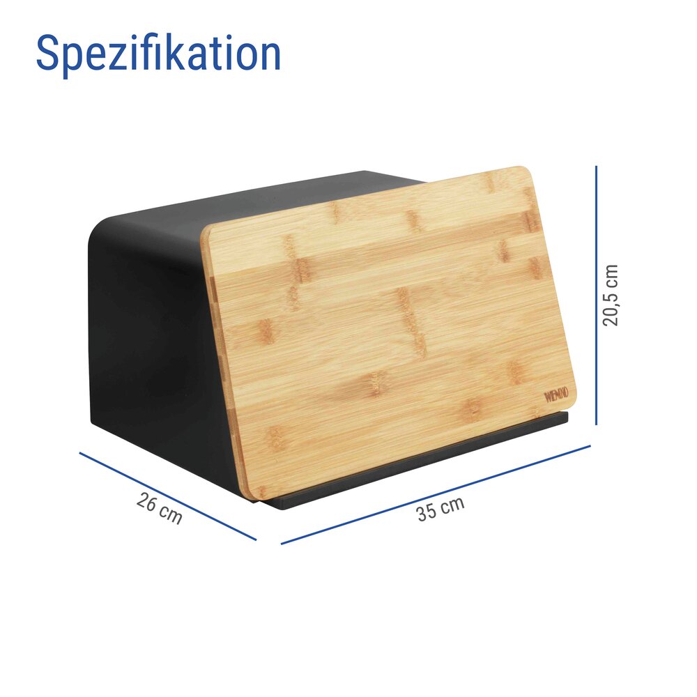 Brotkasten mit Schneidebrett Mod. Kubo, Schwarz  mit Bambusdeckel und Belüftungslöchern