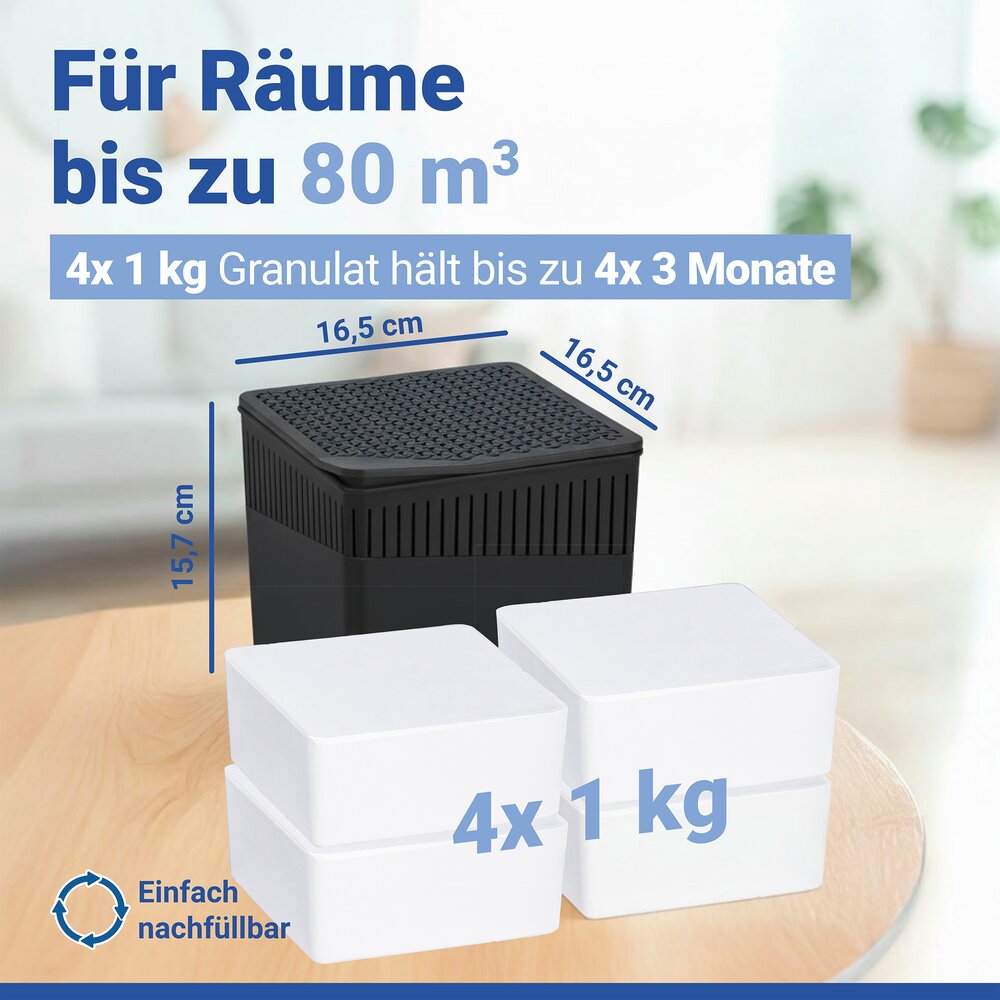 Luchtontvochtiger Mod. Cube Zwart 1000 g, 4 navullingen