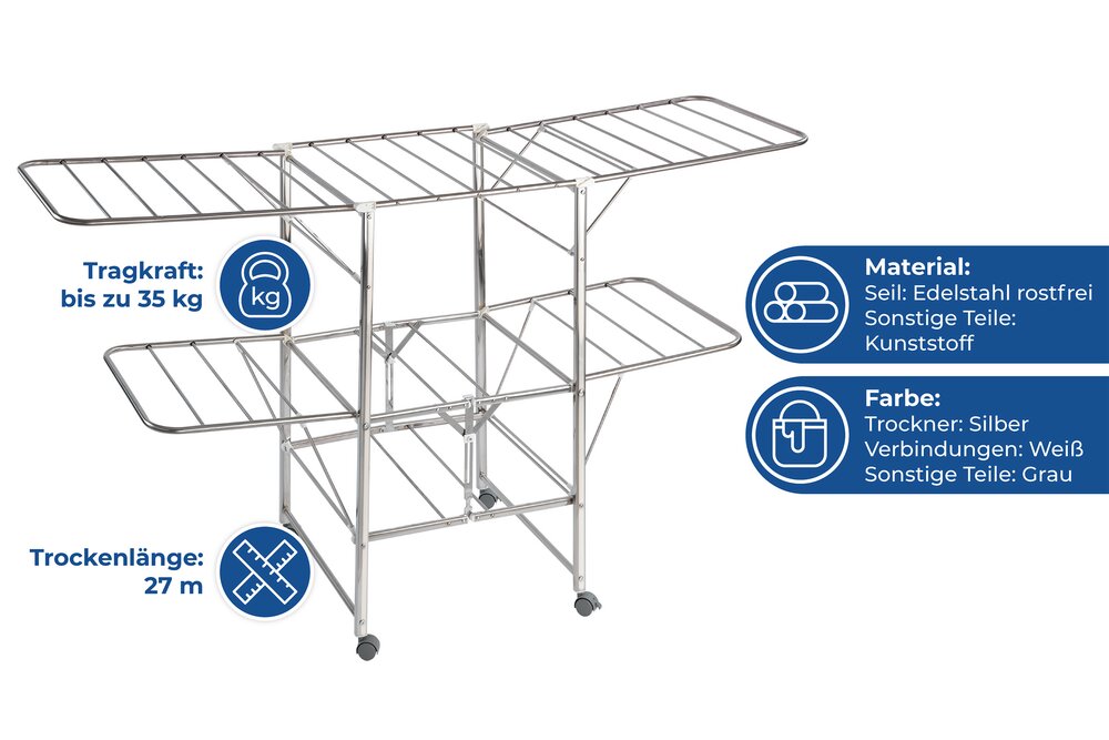 Wäscheständer Edelstahl Mod. Mobil  mobiler Wäscheständer mit Leichtlaufrollen und Feststellbremsen