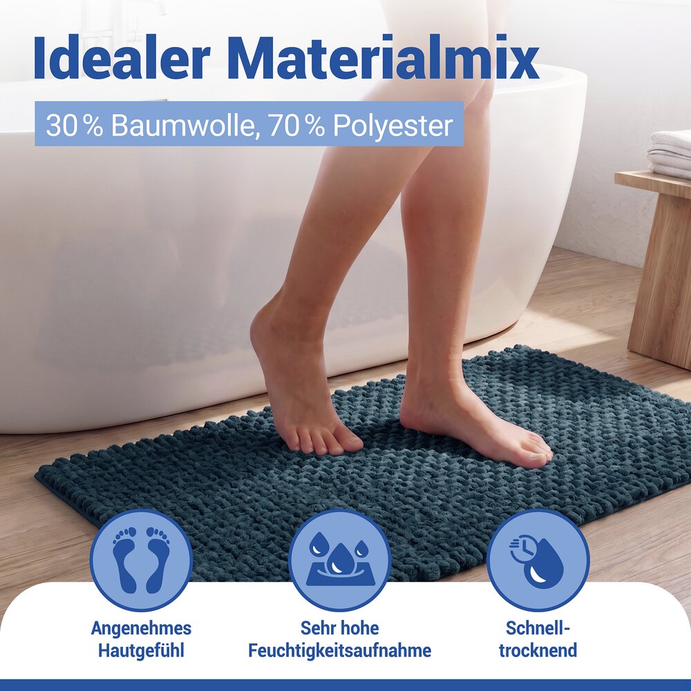 Tapis de bain Mod. Covelo bleu foncé, 50 x 80 cm  antidérapant et lavable jusqu'à 30 °C