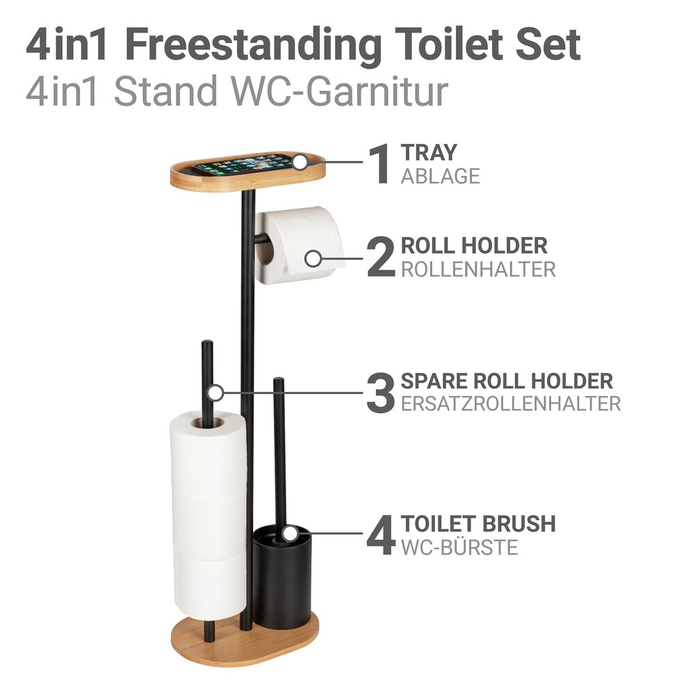 Garniture WC sur pied Mod. Pomarolo, bambou, acier, naturel/noir, 25x70,5x17 cm  avec tablette pour téléphone intégré
