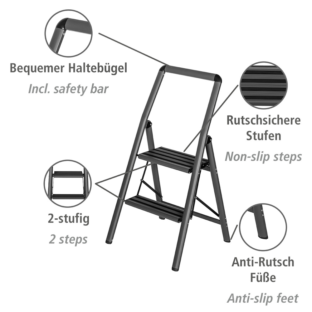 Alu-Klapptrittleiter Compact 2-stufig Dunkelgrau  leichte & rutschfeste Haushaltsleiter, Sicherheits-Stehleiter