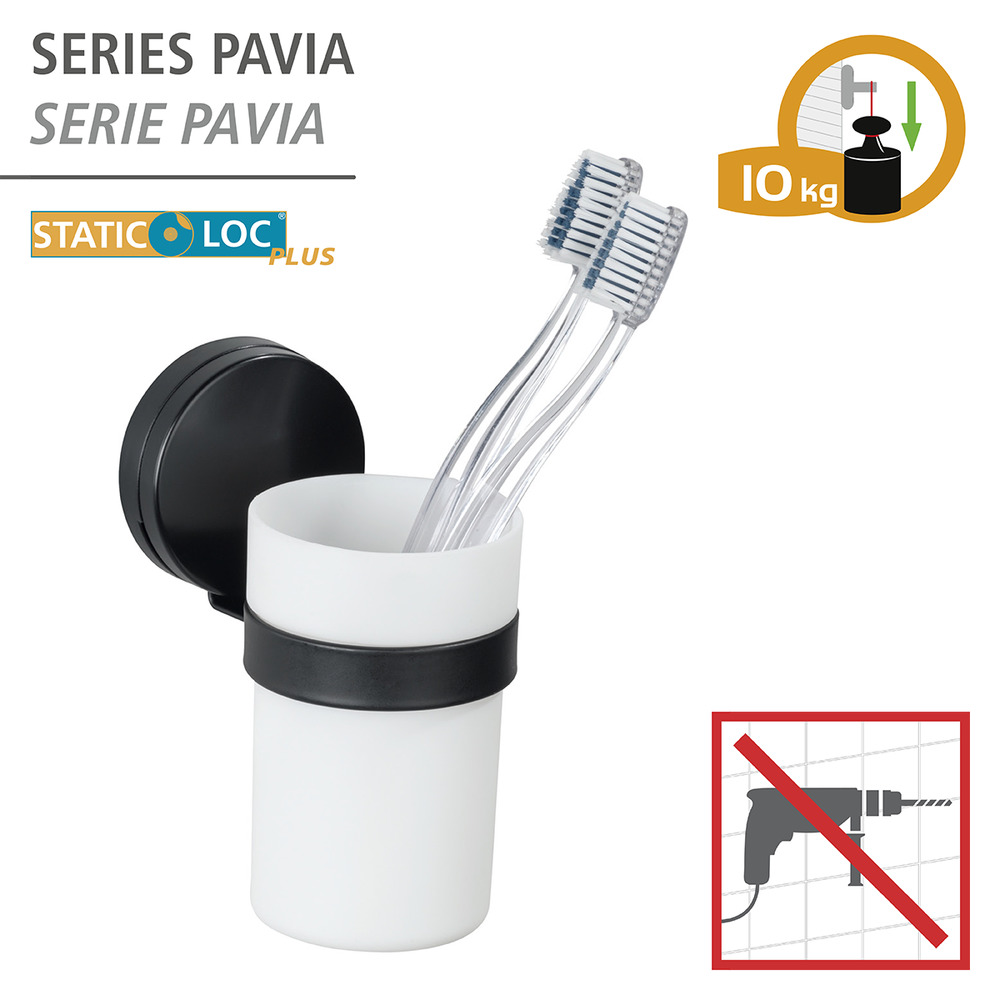 Static-Loc® Plus Zahnputzbecher Pavia Schwarz  Zahnbürstenhalter für Zahnbürste und Zahnpasta, Befestigen ohne bohren