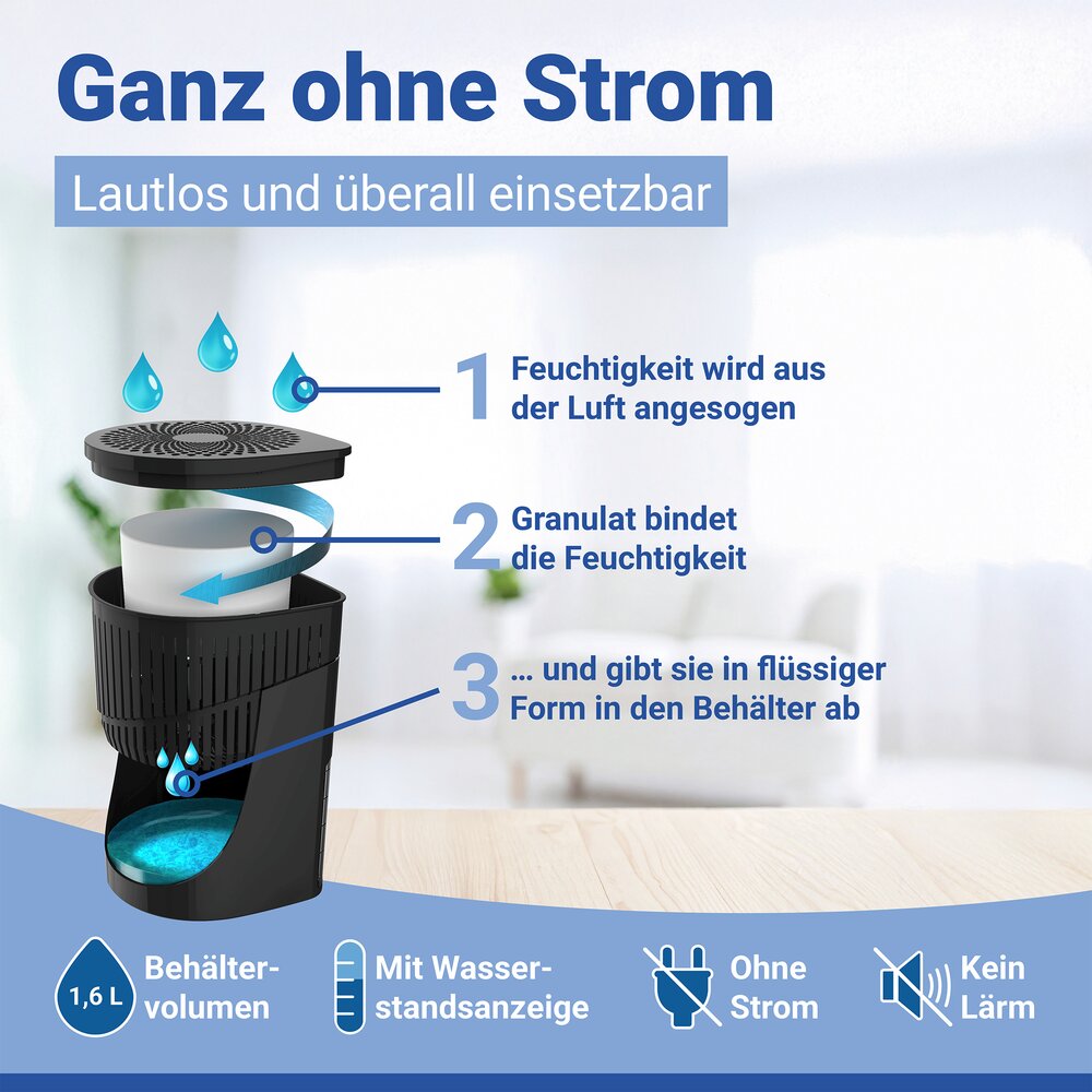 Déshumidificateur d'air Mod. Drop Noir 1000 g  pour pièces jusqu’à env. 80 m³