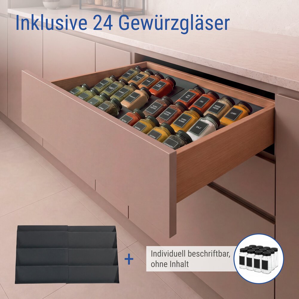 Gewürzregal Schublade mit 24 Gewürzgläsern, Schwarz  ausziehbarer Gewürz Organizer für Schubladen
