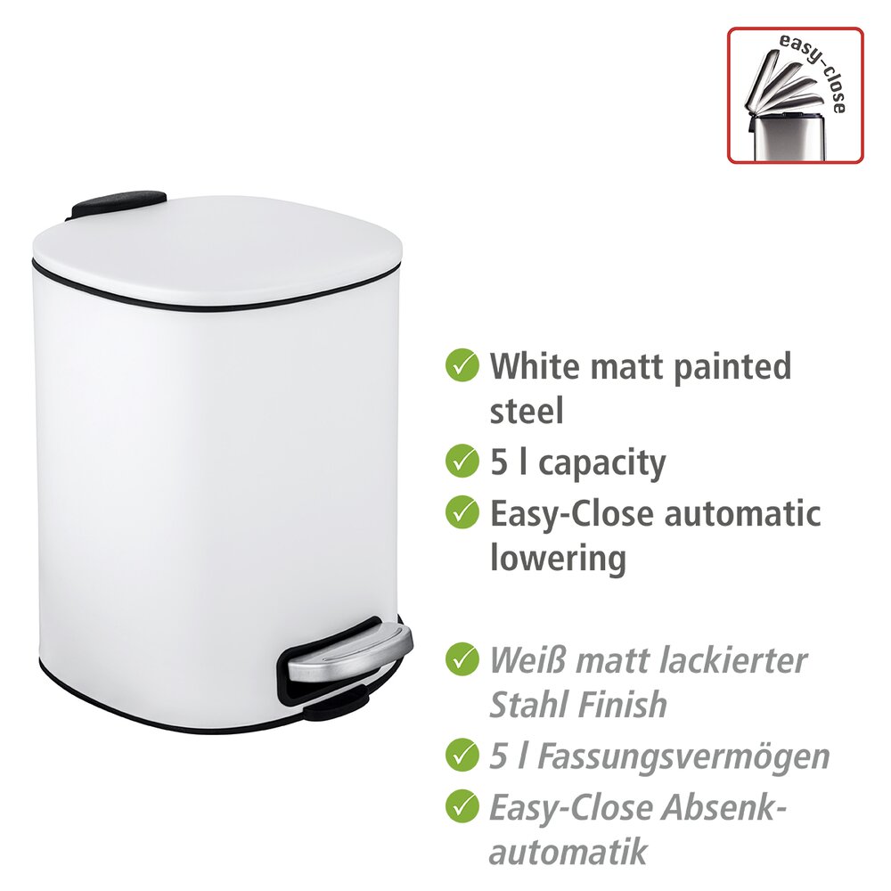 Poubelle à pédale Alassio, 5L, petite poubelle salle de bain, acier blanc  petite poubelle salle de bain