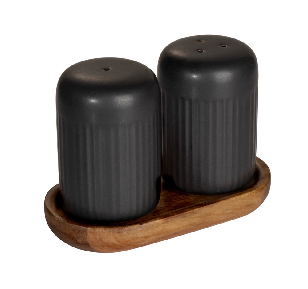 Salz- und Pfefferstreuer Mod. REFIA, schwarz, Keramik, Akazienholz, 2x75ml  mit FSC®-zertifiziertem Holztablett