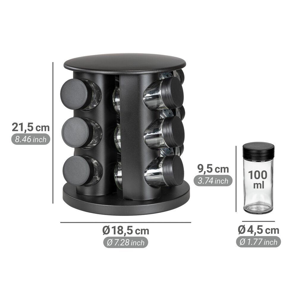 Carrousel à épices Mod. Bruna noir, métal, 13 pcs, 18,5x21,5 cm, pivotant à 360°  autocollants inclus, bocaux en verre