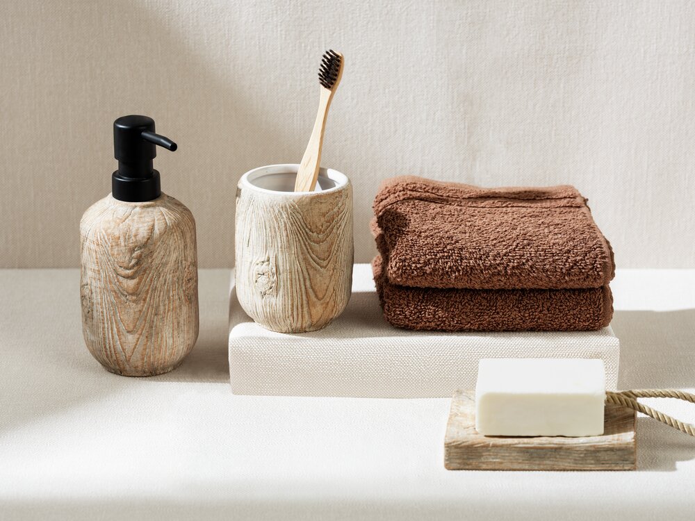 Bad-Accessoire Set Mod. Florio, 3-teilig  aus Keramik in Holz-Optik