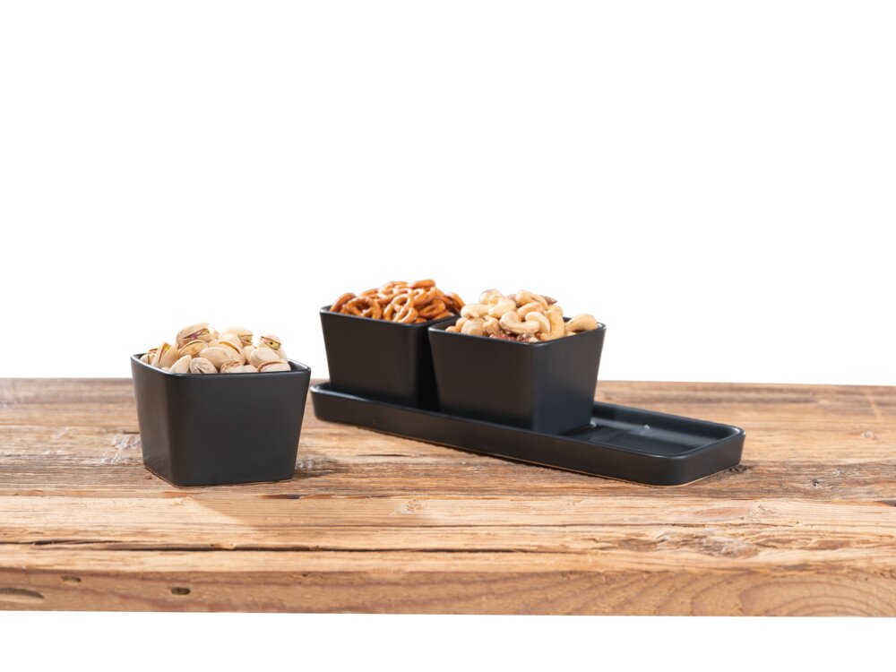 Snack & Dip Schalen Set Schwarz matt  Tablett mit 3 x 300 ml Schalen