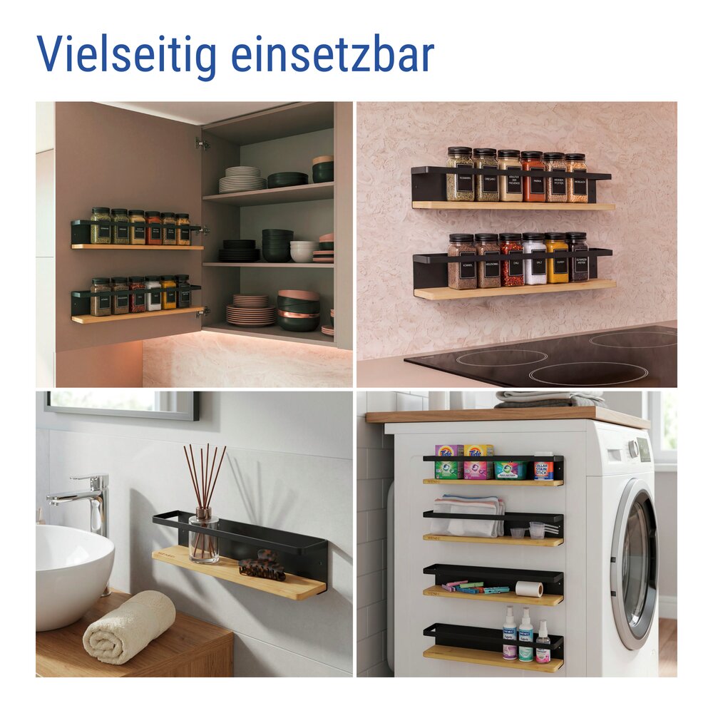 Kruidenrek voor aan de muur, set van 2, bamboe, met 12 kruidenpotjes