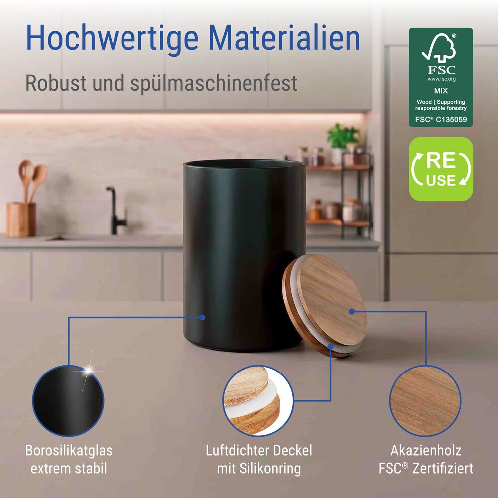 Vorratsdose Mod. Mio Schwarz 1,0 L  Vorratsbehälter aus Borosilikatglas mit Deckel