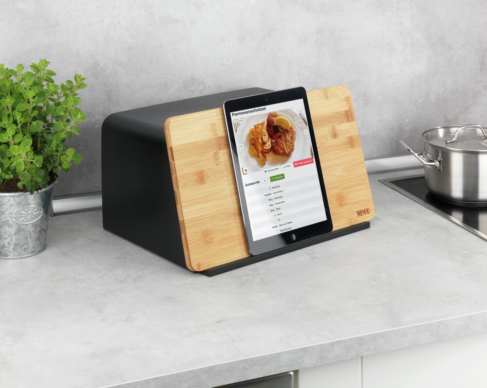 Brotkasten mit Bambusbrett Mod. Kubo, Schwarz  mit integriertem Bambusschneidebrett