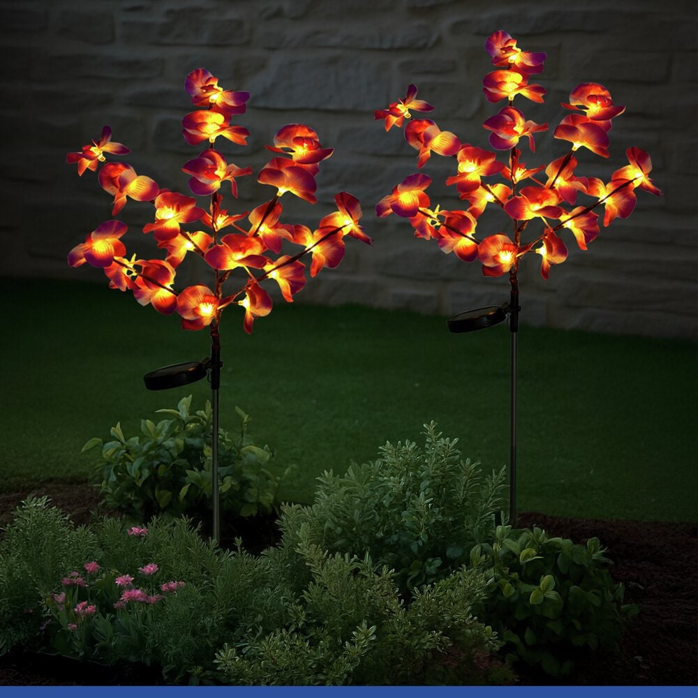 LED Gartenstecker Orchidee Solar, 2er Set solarbetriebene Gartenbeleuchtung