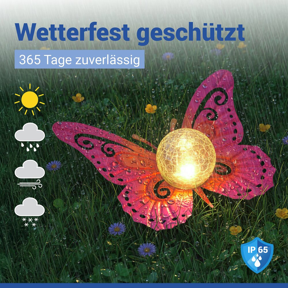 LED Solarlampe Schmetterling, Pink/Gold  dekorative Gartenbeleuchtung