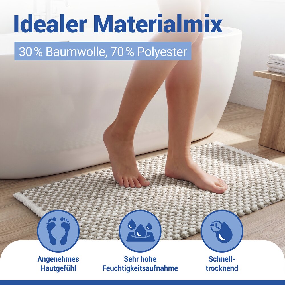 Tapis de bain Mod. Covelo blanc-beige, 50 x 80 cm  antidérapant et lavable jusqu'à 30 °C