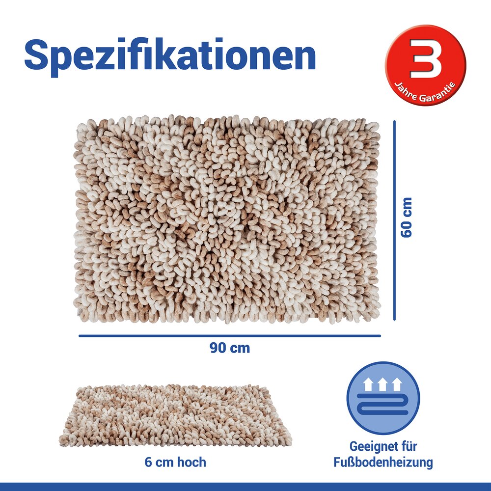 Tapis de bain Mod. Lerici blanc-beige, 60 x 90 cm  antidérapant et à séchage rapide