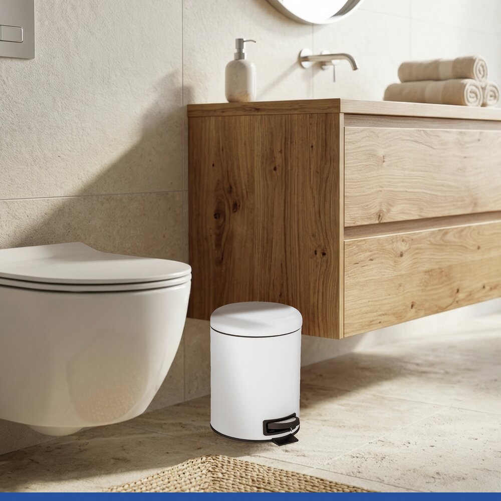 Poubelle à pédale Leman, 5L, petite poubelle salle de bain, acier blanc  avec insert amovible
