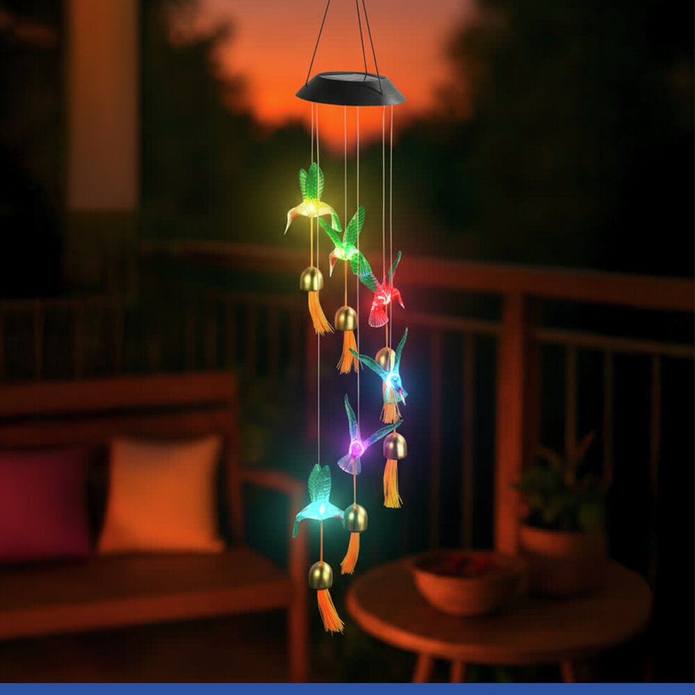 LED Windspiel Mod. Kolibri Solar  mit 6 Glocken, dekorative Gartenbeleuchtung