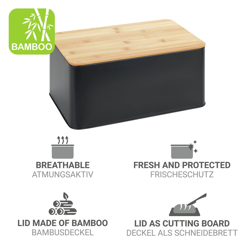 Set boîtes à pain, noir, métal, couvercle bambou, 32,5x21x15 cm  avec couvercles hermétiques en bambou