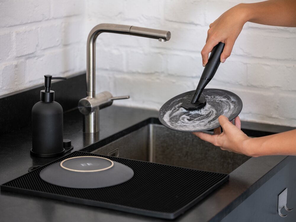 Set de rinçage Mod. Piedo, noir, verre et plastique, 12x9x25 cm  brosse durable et élégante