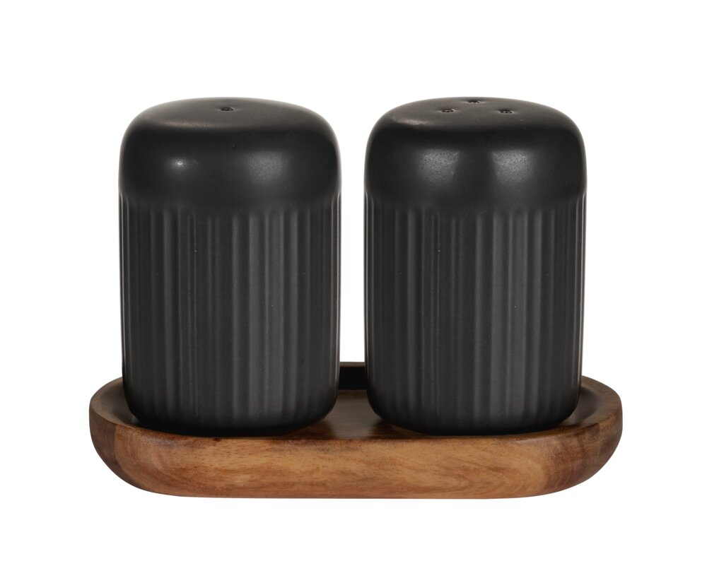 Salière et poivrière Mod. Refia, noir, céramique, bois d'acacia, 2x75ml  avec plateau en bois FSC