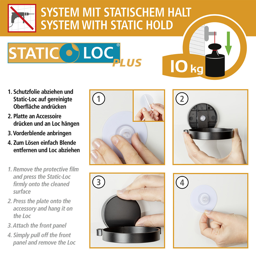 Static-Loc® Plus bohren Schwarz Badetuchstange ohne Befestigen Pavia Handtuchhalter